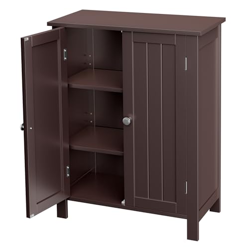 SUPER DEAL Modern Bathroom Floor Storage Cabinet with Adjustable Shelf and Double Door Rust Proof, Living Room Modern Home Furniture Storage Organizer Cabinet, Brown