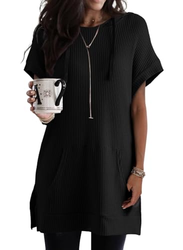 Dokotoo Womens Summer Oversized Shirts 2025 Short Sleeve Drawstring Hoodies Waffle Knit Side Slit Tunic Tops with Pocket