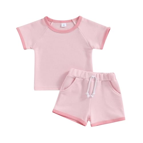 Image of Baby Girl Summer Outfit Short Sleeve Floral Waffle T-Shirt Top and Shorts Set Gender Neutral Toddler Clothes