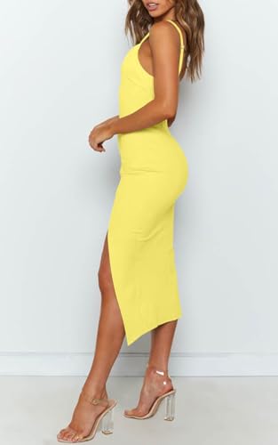 Image of OWIN Women's Adjustable Spaghetti Straps Sleeveless High Waist Split Midi Bodycon Cocktail Party Dress