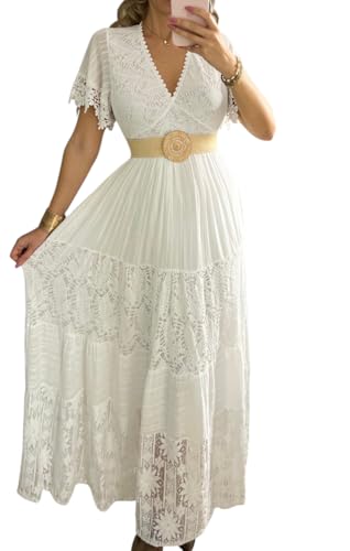 Vestido Largo de Encaje para Mujer con Cuello en V, Mangas de 3/4 a Campana, Blanco, para Boda Occidental, Vestido Largo Bohemio de Encaje, Vestido Largo Boho., Manga corta blanca., Large