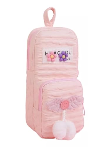 Image of Two Layer Aesthetic Pencil Pouch with Plush Ball Decoration for Girls, Smooth Zipper Cute Stationary School Pouches for Kids, Large Capacity Pencil Box for Boys