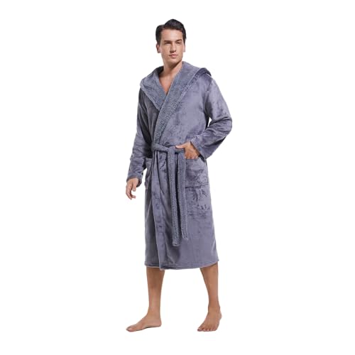Mens Hooded Robe,Plush Robes for Men,Soft Warm Fleece Bathrobe Shower Spa Long Robe With Pockets3