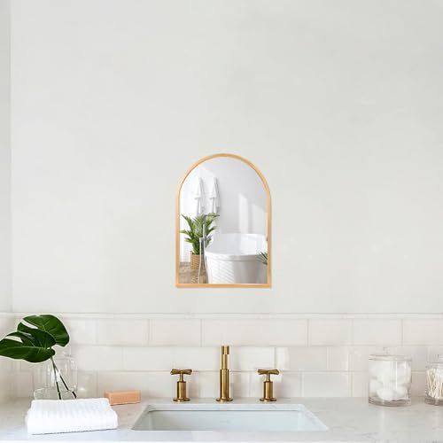Image of Wall Mirror Arched Bathroom Mirrors, Aluminum Alloy Frame Hanging Vanity Mirror for Living Room Bedroom Entryway Vanity, Brushed Metal Framed Wall Mounted Mirror Gold 16 inchx12 inch
