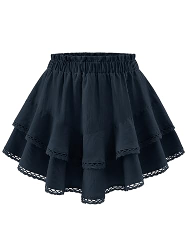 Timormode Ruffle Skorts for Women Summer Boho Flowy Shorts High Waisted Casual Tiered Mini Skirt Lace Golf Tennis Skirts with Shorts Underneath TMS8019 NavyBlue M