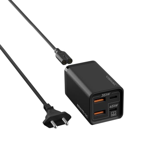 Image of VISMAC 80W Fast Charging Station with 2 USB-C PD - 2 USB-A QC Ports | 45W + 35W Smart Power Distribution | 1.5M Premium C7 Cable | Multi Device Charger for Mobile, Tablet, Laptop & Accessories.