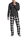 Vlazom Herren Pyjama Set Lang Zweiteiliger Schlafanzug Herren Kariert Flanell Hose und einfärbiger T-Shirt(M,Stil B-Dunkelgrau Top+Schwarz Karierte Hose)