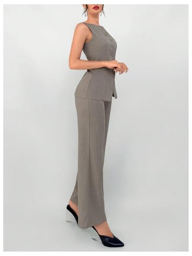SOLY HUX Women's 2 Piece Business Casual Outfit Button Down Boat Neck Sleeveless Vest and Pants Set4