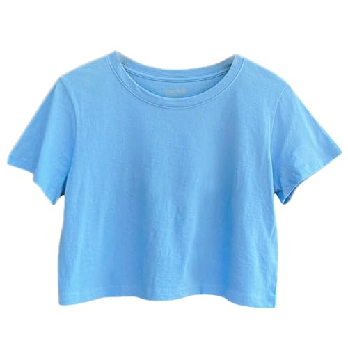 Image of Womens 100% Cotton Crop Tops Short Sleeve Crewneck Loose Fit Basic Tee Summer Casual Workout T-Shirt Fashion Clothes