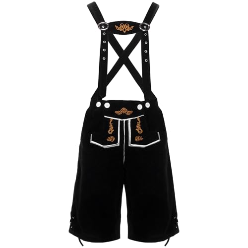 Angenster Lederhose Herren Tracht, Trachtenlederhosen Kurz mit Träger, Oktoberfest Outfit, Bayerische Tracht für Feierlichkeiten (Schwarz, XL)