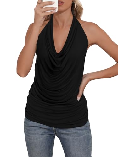 DB MOON Womens Halter Cowl Neck Tank Tops Summer Sexy Backless Cute Ruched Casual Shirts3