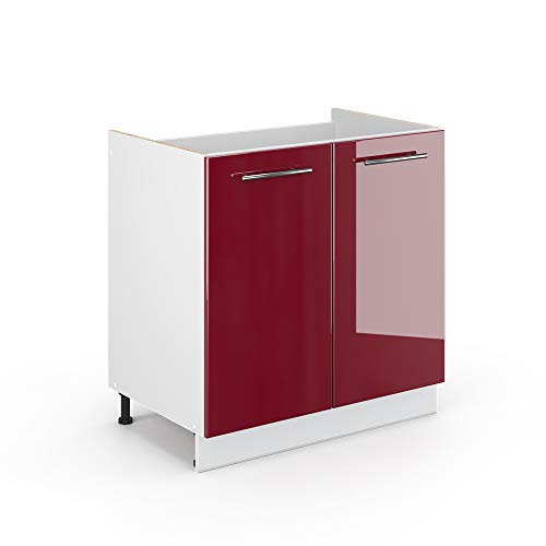 Vicco Meuble Bas sous-évier Fame-Line, Rouge Bordeaux Haute Brillance, 80cm sans PT, à Combiner avec d'autres modules de la série Fame-Line