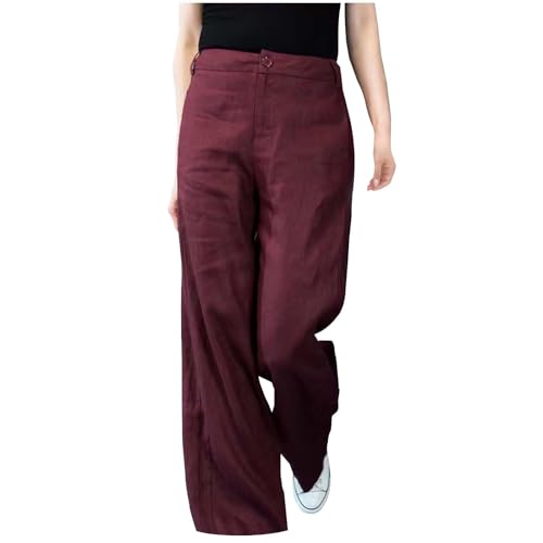 Womens Casual Linen Pants Button Straight Wide Leg Summer Pants Lightweight Business Work Trousers with Pockets