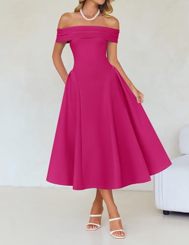 Image of ZESICA Summer 2026 Cocktail Dresses for Women's Off Shoulder Short Sleeve Swing A Line Wedding Evening Party Midi Dress