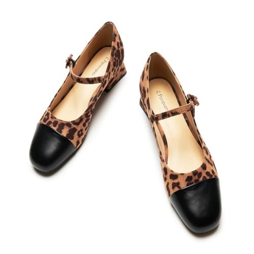 C.Paravano Women's Pumps | Low Block Heel Ankle Strap | Round Toe | Comfortable Dress Shoes for Work,Party,Wedding, Formal Events & Casual Outfits 6 Leopard