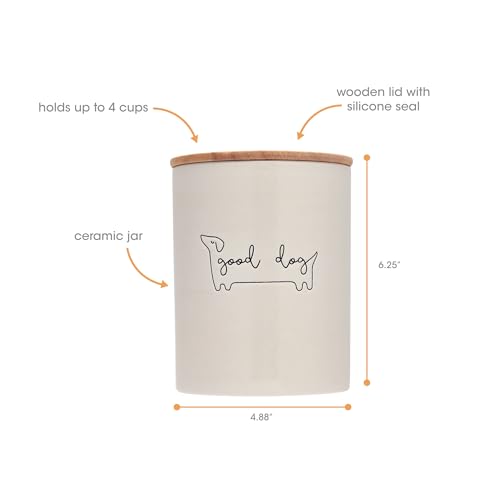 Pearhead Good Dog Treat Jar, Holds 4 Cups, Ceramic and Wood Pet Treat Canister, Neutral Modern Kitchen Decor, Pet Accessories, Dog Biscuit Storage Jar, Freshness Seal