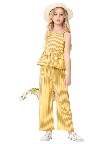 Image of Girl's 2 Piece Striped Outfits Cami Top Wide Leg Pants Ruffle Hem Summer Clothes with 2 Pockets 3-14Y