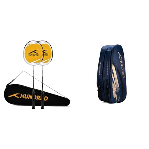 Image of HUNDRED Aluminium Powertek 100 (Set of 2) Badminton Racket with Full Cover (115G, White /Black) & Hundred Cosmogear Badminton Kit-Bag (Navy)|Double Zipper|Bag with Front Zipper Pocket