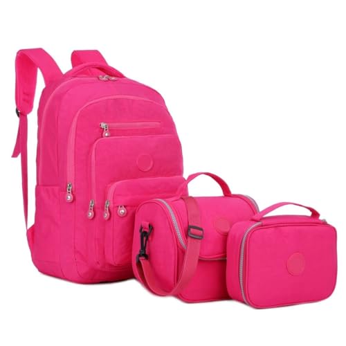 Kit Mochila Escolar Espaçosa Alça Costa Acolchoada Reforçada Estojo Box Porta Lápis Bolsa Térmica Lancheira Notebook Impermeavel Média Juvenil Faculdade Trabalho (Rosa Pink)