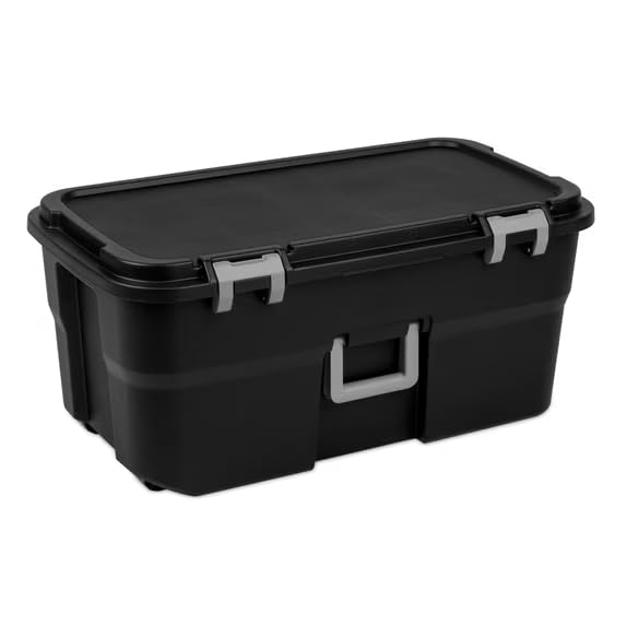 22 Gallon Heavy Duty Plastic Wheeled Footlocker Storage Trunk Lockable with Wheels and Handle Black for Garages Basements Attics College Dorms or Camping Trips