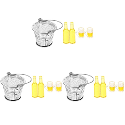 Toyvian 3 Ensembles Mini Ensemble De Bière Mini Gobelets à Bière Seaux Galvanisés Seau à Glace ature Fournitures De Bar De Maison De Poupée Verres à Bière Glaçons Résine 8g Gourde