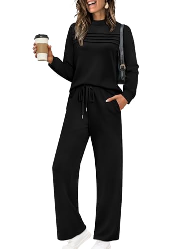 WIHOLL 2 Piece Sets for Women Fall Fashion 2025 Travel Vacation Airport Outfits for Airplane Going Out Comfy Matching Women's Clothing Petite Lounge Sets Winter Active Track Suits Black M