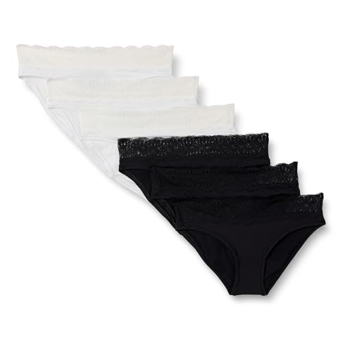 Amazon Essentials Braga de Bikini de Microfibra de Tacto Suave, con Detalles de Encaje Mujer, Pack de 6, Blanco/Negro, 48