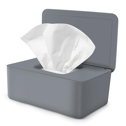 Boîte de Lingettes Humides, Boîte à Lingettes Distributeur pour Bébé, Boîte pour Papier Toilette Humide avec Couvercle pour Bebe, Cuisine, Salon, WC, Voiture (Gris)