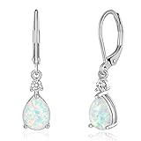 CiNily Womens Opal Dangle Earrings Leverback Drop Earrings 14K White Gold Plated Teardrop Gemstone Earrings