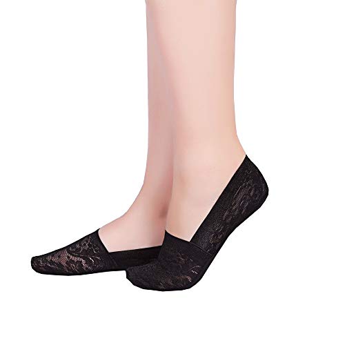 Women's No Show Socks, 5 Pack Lace Cotton Non Slip Flat Boat Invisible Low Cut Liners Sports Ankle Socks (Black Big Size)