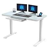 ERGOMORE Glass Standing Desk with Drawers, 45 x 23 inch Touch Control Adjustable Height Desk with USB Ports & Wireless Charging, Dual Motor Sit Stand up Desk for Home & Office (White)