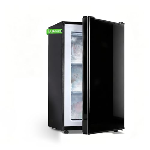 Image of Mini Upright freezer 3.6 Cubic Feet Mini Freezer, Single Door Compact Freezer with Reversible Stainless Steel Door, 3-Speed Temperature Adjustment Small freezer for Home, Glossy Black