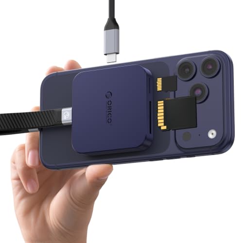 ORICO Lettore di schede SD magnetico con ricarica PD 100W, SD/TF 3.0, velocità di trasferimento dati 104 MB/s, Card Reader Compatibile con iPhone 17/16/15, iPad Pro e MacBook (Blu, 4 IN 1)