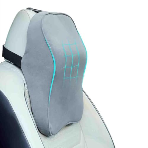Image of WELLGIVER Orthopedic Memory Foam Car Neck Rest Pillow - Cervical Support Cushion for Neck Pain Relief, Adjustable Strap - Universal Fit for All Cars | Grey Velvet | Pack of 2