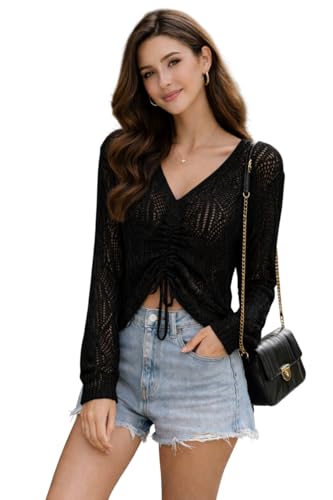 Image of CRAMPLE Women's V-Neck Knit Top, Long Sleeve, Drawstring Ruched Front, Lightweight Open Knit Top