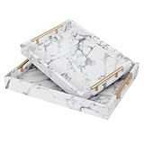 SwallowLiving Set of 2 White Fake Marble Serving Tray with Gold Polished Metal Handles White Decorative Wood Tray PU Leather with Brushed Gold for Coffee Table Ottoman Console Table Decor