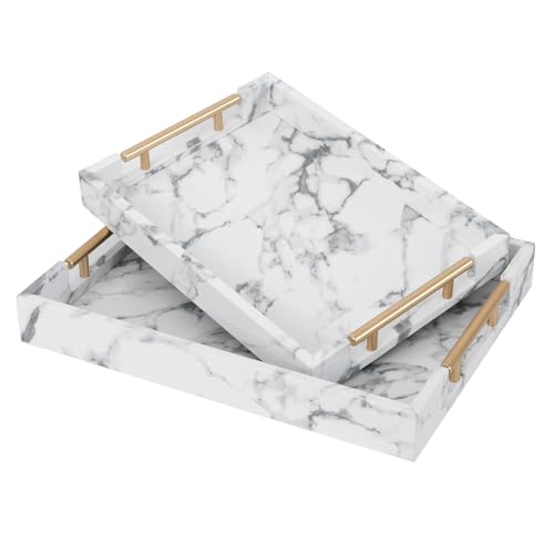 SwallowLiving Set of 2 White Fake Marble Serving Tray with Gold Polished Metal Handles White Decorative Wood Tray PU Leather with Brushed Gold for Coffee Table Ottoman Console Table Decor