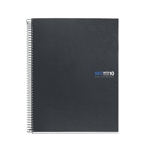 Miquelrius - Cuaderno A4 liso sin pauta, 200 hojas microperforadas de 10 colores, Papel extra opaco de 90 g/m², Tapa de cartón duro grafito, Espiral, 4 taladros para archivar, Notebook The original