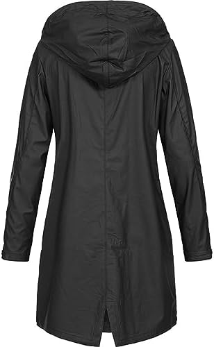 Womens Raincoats Waterproof with Hood Plus Size Solid Long Coat Loose Drawstring Full-Zip Hooded Raincoat with Pockets Windproof Sun Protection Outerwear Fashion Outdoor Clothing