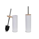 DAMDAM GO - Escobillero Plastico Blanco Palo Acero INOX Tapa Bambu 9,5x40 cm