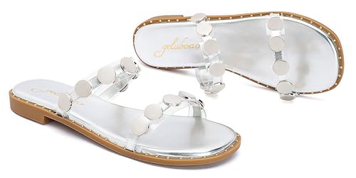 geluboao Sandals for Women 2025 Open Toe Two Band Slip On Slides Fashion Metal Circular Flat Sandals for Summer Size 6-112