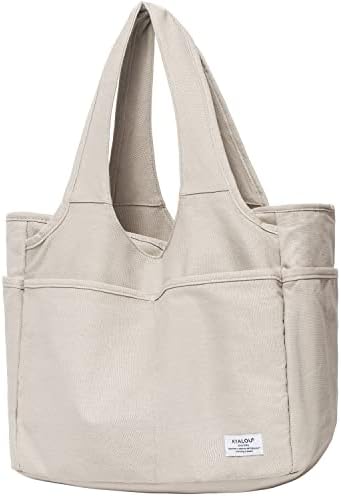 KYALOU Utility Large Canvas Tote Bag with Pockets, Women Casual Shoulder Bags with 13 Exterior & Interior Pockets for Work School Gym Beach Travel Shopping Grocery (Light Gray)