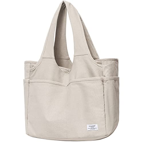 KYALOU Utility Large Canvas Tote Bag with Pockets, Women Casual Shoulder Bags with 13 Exterior & Interior Pockets for Work Gym Beach Travel Shopping Grocery (Light Gray)