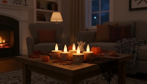 Image of Rechargeable Flameless Tealights Candle with Remote Timer, 3D Moving Flame Real Wax Led Tealight Candles (Rech-6Tealight-Palm Bark, 1.4in)