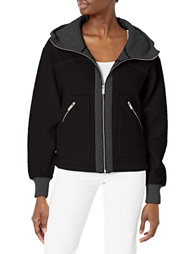 Image of Andrew Marc Sport Performance womens Hooded Sherpa Jacket Faux Fur Coat, Black/Charcoal Heather, X-Large US