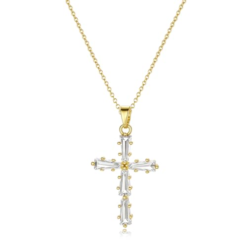 Solistra Cross Necklace for Women, 14K Gold Plated Cubic Zirconia Cross Pendant Necklace, Trendy Christian Jewelry Gifts for Baptism First Communion Christmas