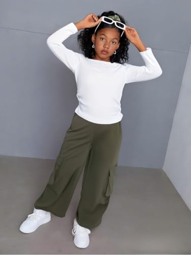 Image of Azmxynol Girls Clothes 2 Piece Outfit Ribbed T-Shirt Top + Cargo Pants, Girls Fall Clothing Set, Sizes 5-16 Years