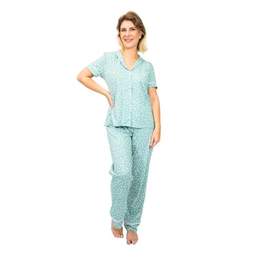 Pijama Algodão Feminino Americano Longo com Botão Botões Blusa Manga Curta com Calça Inverno Adulto indicado Gestante Amamentação e Pós cirúgico - Verde Poá (BR, Alfa, G, Regular, Regular, Verde)