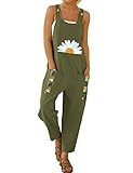Gihuo Women's Cotton Linen Flower Print Bib Overall Jumpsuit（ArmyGreen-S）