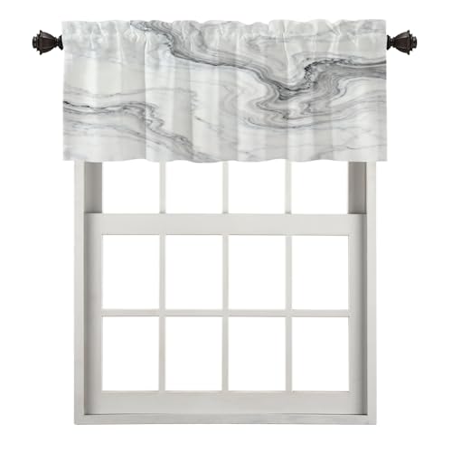 BaoNews White Gray Marble Waves Kitchen Valances Half Window Curtain, Black Acrylic Marble Abstract White Aquatic Artistic Blot Blackout Decoration Window Valances Curtains Drapes for Kitchen Bedroom